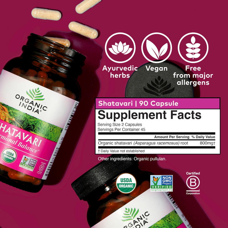 [Australia] - ORGANIC INDIA Shatavari Capsules - Herbal Supplement, Supports Hormonal Balance, Immune System Support, Vegan, Gluten-Free, USDA Organic, Supports Reproductive Health - 90 Capsules 
