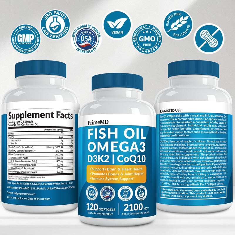 PrimeMD 4-in-1 Fish Oil Omega-3 with D3 K2 CoQ10, Lemon, 120 Softgels | Heart, Brain and Joint Support, Omega 3 with Vitamin D3, K2 and CoQ10 Fish Oil Supplement (Pack of 3) 120 Count (Pack of 3)