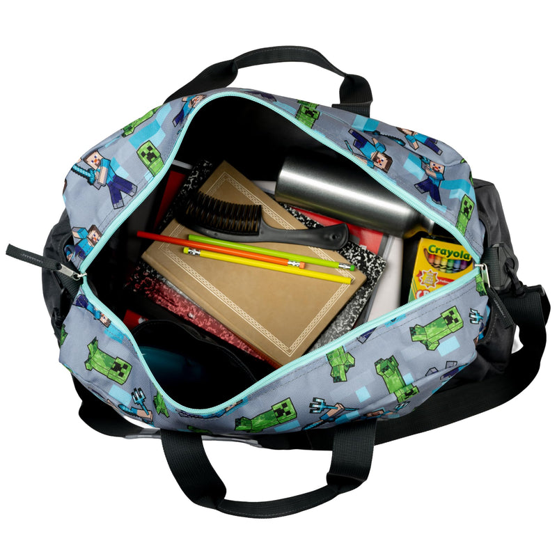 Minecraft Duffle Bag, 16 inch Travel Sleepover Weekender Bag for Girls & Boys, Green/Gray Grey