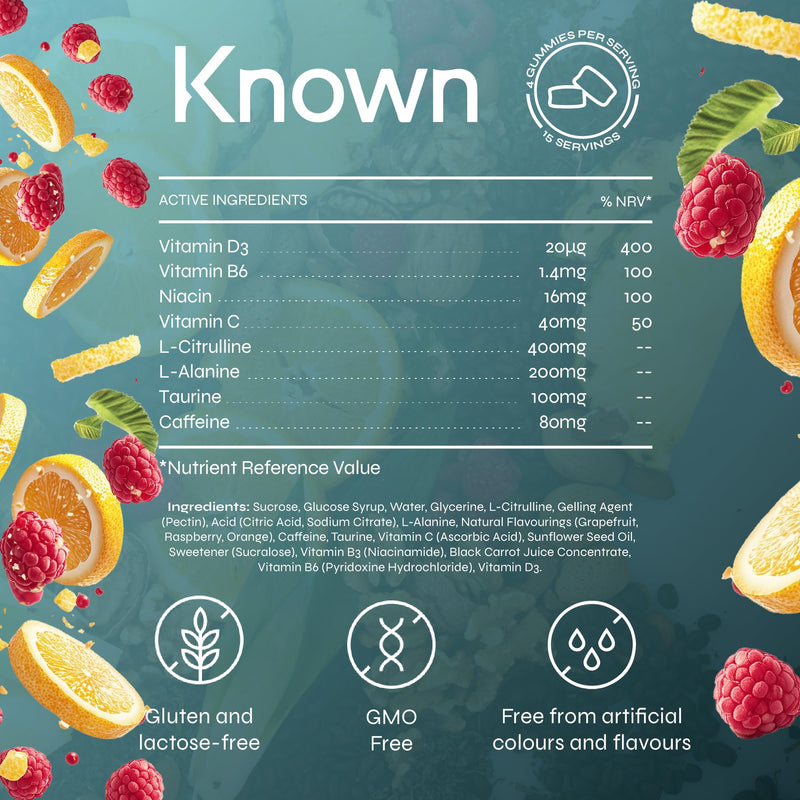 Known Pre-Workout Gummies – Raspberry & Yuzu Flavour – Vegan Gummy Supplement – Caffeine, Taurine, Citrulline, Alanine & Vitamins D3, B3, B6, C – Energy, Focus & Endurance – 30 Servings – Men & Women 30 Days Supply