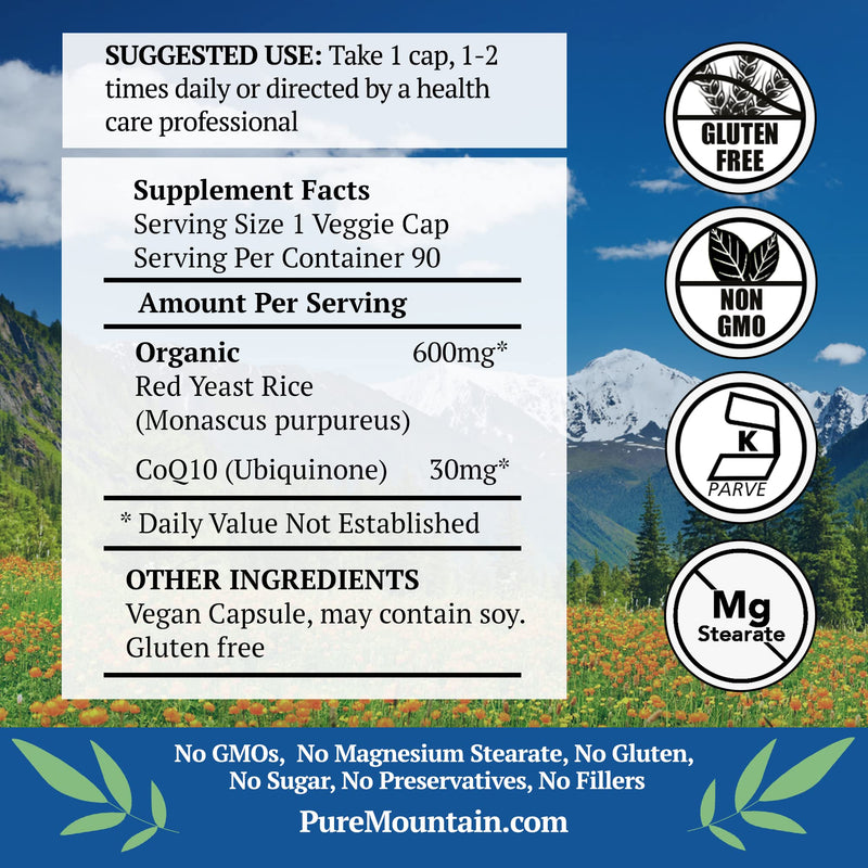 [Australia] - Pure Mountain Botanicals Red Yeast Rice with CoQ10 90 Kosher Vegan Capsules Now with 600mg Organic Red Rice Yeast Plus Co Q 10 