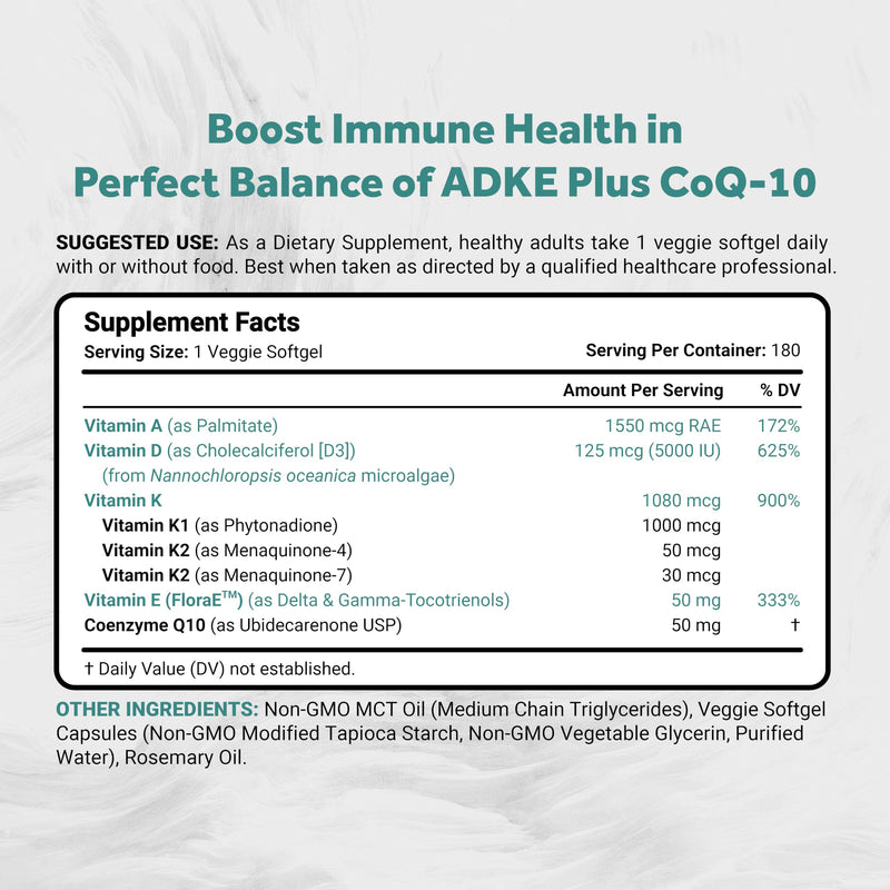 Naturalis Vegan Vitamin ADK 180 Softgels | with Tocotrienol and CoQ-10 | Advanced ADK Complex featuring Vitamins A, D3, and K2 to promote healthy calcium utilization and whole-body wellness.* 180 Count (Pack of 1)