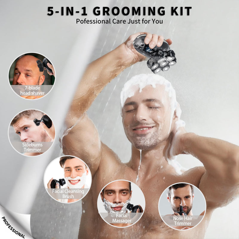 [Australia] - 2025 New Upgrade Magnetic Head Shavers for Bald Men, Electric Razor for Men, Mens Shaving with Nose Hair Sideburns Trimmer, LED,Travle Lock Black 7d5 