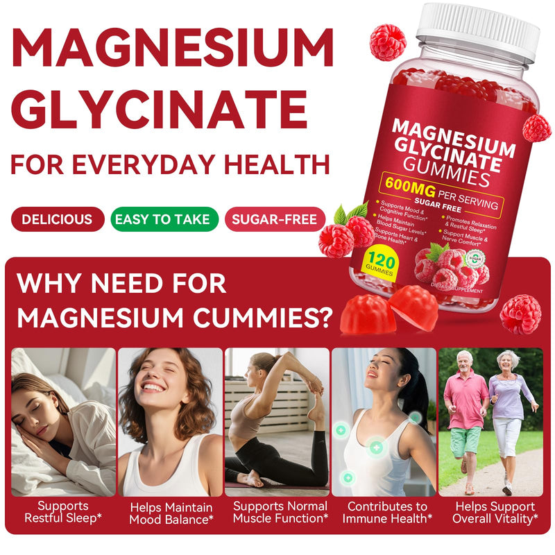 Magnesium Glycinate Gummies for Adults 120 Count - 600 MG Per Serving, Promotes Relaxation & Restful Sleep, Focus, Supports Heart & Bone Health, Raspberry Flavor, Non-GMO 120 count (Pack of 1)