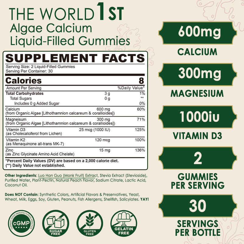 Plant Based Calcium Gummies 600mg with Vitamin D3 K2, Magnesium, Zinc for Bone Strength, Sugar Free Calcium Supplements for Women & Men (Certified Vegan) from Sustainably Organic Red Algae - 60 Counts 60 Count (Pack of 1)