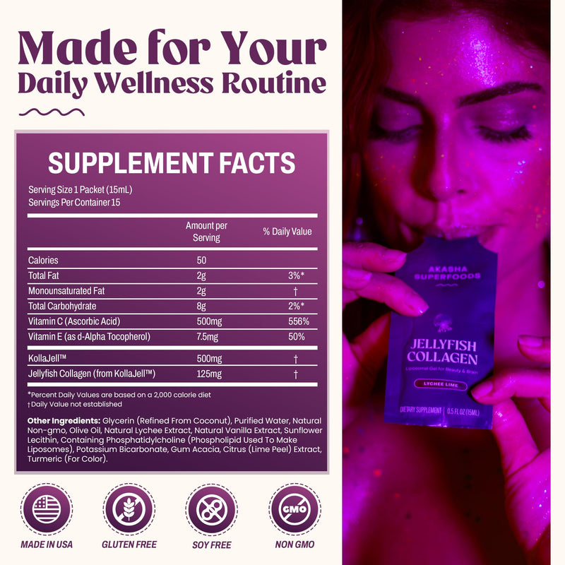 Akasha Superfoods Liposomal Jellyfish Collagen, Lychee Lime, 15 Packets | Type I, II & V Collagen Peptides, All 20 Amino Acids; Supports Skin Firmness, Memory & Focus; Single-Serve