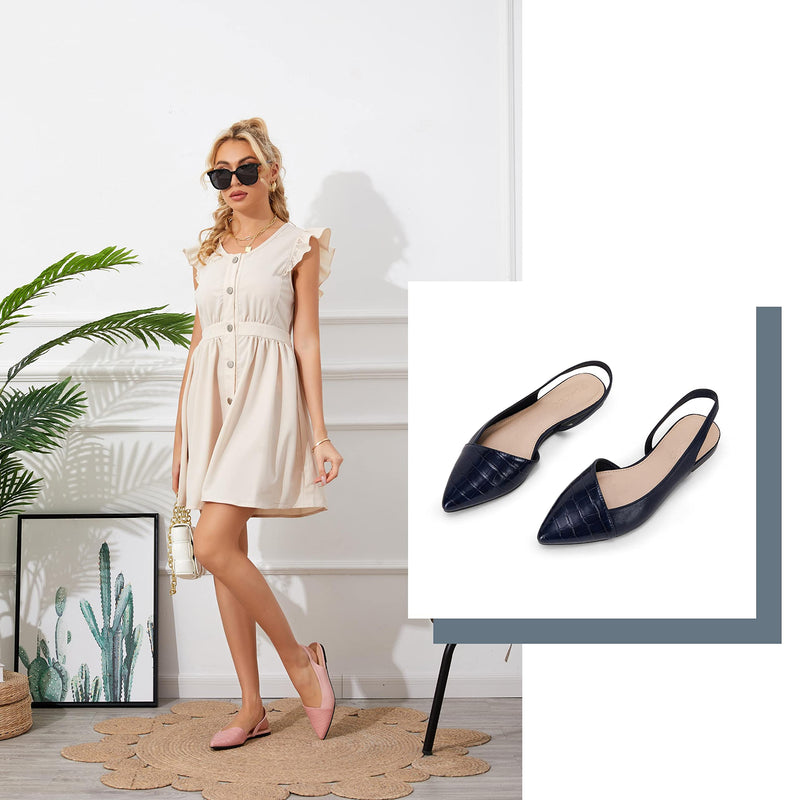 LAICIGO Women's Closed Pointed Toe Flats Slingback Low Heel Slip-on Cutout Animal Print Backless Mules Sandals 6.5 Navy