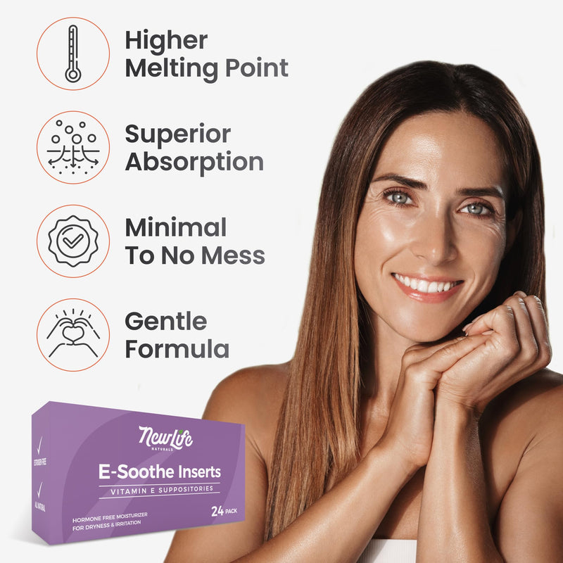 NewLife Naturals ESoothe Vitamin E Suppositories for Women – 24 Count | Vaginal Dryness, Nourishment, & Soothing Support – 38 IU Hormone-Free Formula – 24 Vaginal Suppositories, Made in USA 1 Count (Pack of 24) 38 IU Vitamin E