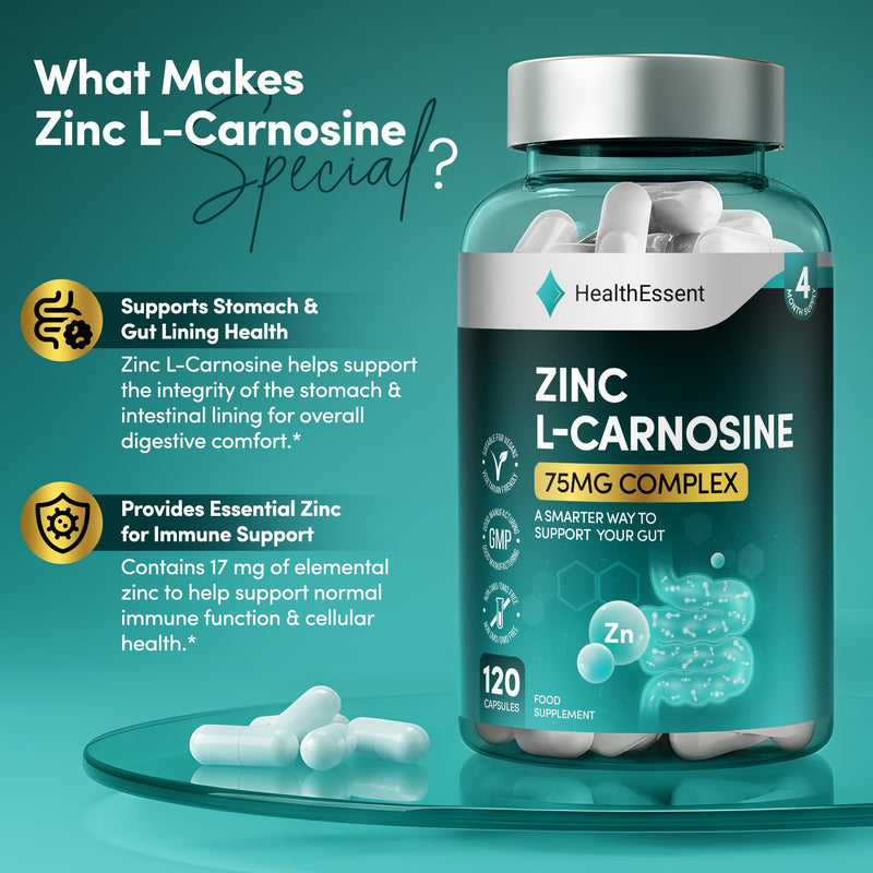 HealthEssent Zinc L-Carnosine Capsules 75mg - Gut & Stomach Health Supplement - (4 Month Supply) Digestive Care & Stomach Lining Protection, Non-GMO, No Preservatives - 120 Vegan Capsules