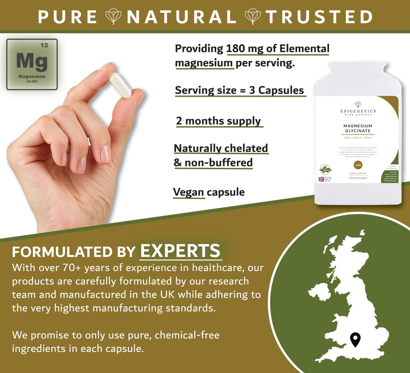Magnesium Glycinate Supplement 212mg | 180 Vegan Capsules UK Made | Supports Energy & Reduces Fatigue | Magnesium Bisglycinate (212mg Elemental) | High Strength & Bioavailable | 2 Months Supply