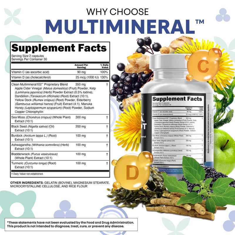 Clean Nutraceuticals Sea Moss Black Seed Oil Ashwagandha Turmeric Bladderwrack Burdock & Vitamin C Vitamin D3 with Elderberry Manuka Dandelion Yellow Dock Iodine Chlorophyll ACV 60 Count (Pack of 1)