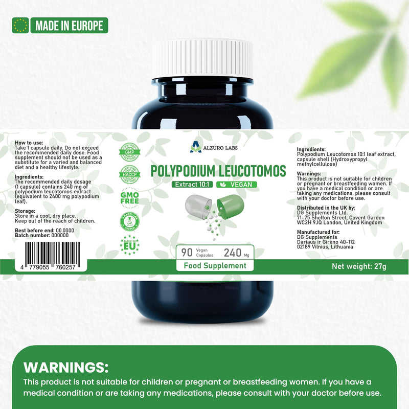 Polypodium Leucotomos | 2,400mg Equivalent | 240mg 10:1 Fern Extract | 90 Vegan Capsules | GMP & 3rd Party Lab Tested