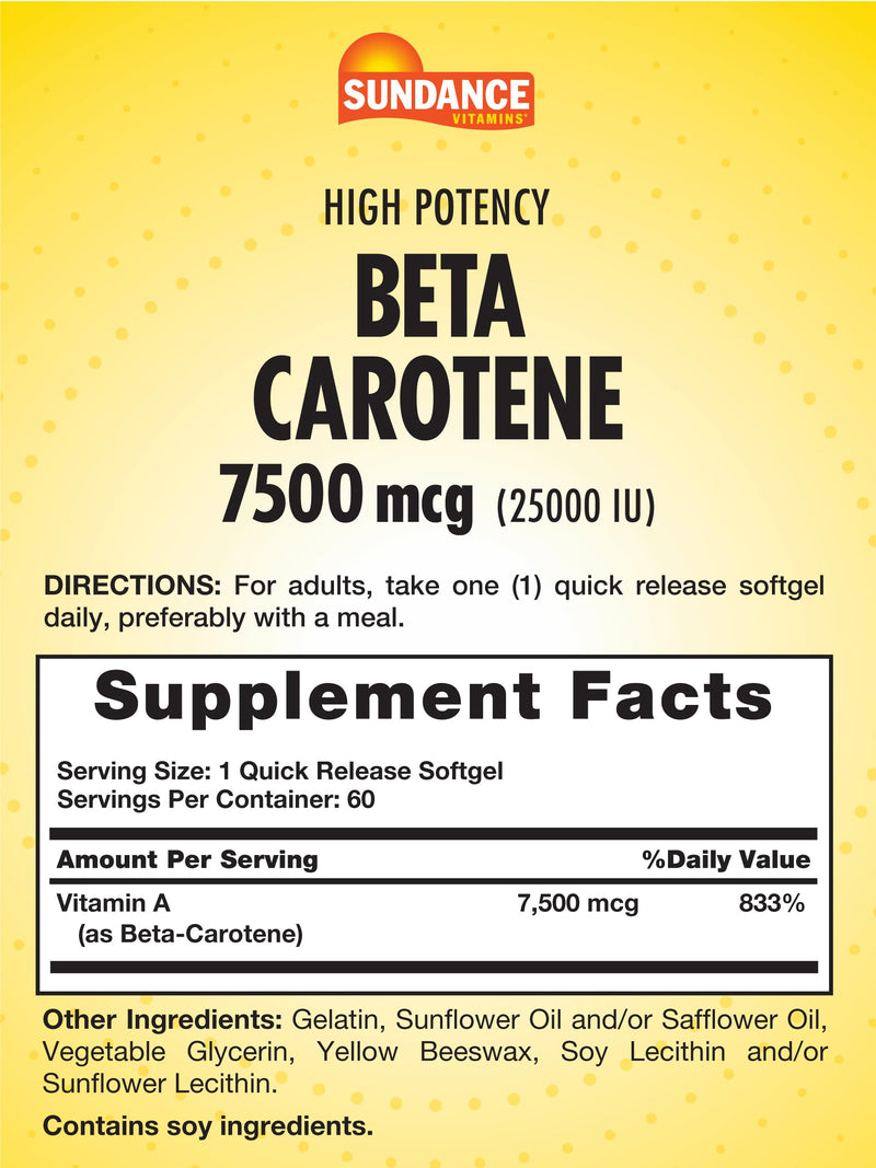 [Australia] - Sundance Beta Carotene 7500mcg | 60 Softgels | Provitamin A | High Potency Formula | Non-GMO and Gluten Free Supplement 