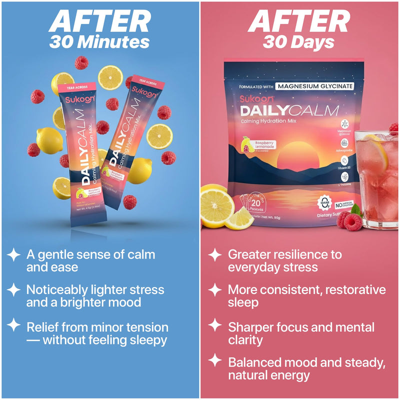 Sukoon Dailycalm Powdered Drink Mix, Cortisol Reducer and Sleep Aid Supplement, Magnesium Glycinate L-Theanine, Ashwagandha, Vitamin D3, No Sugar, Non GMO, On The Go, 20 Servings, Raspberry Lemonade