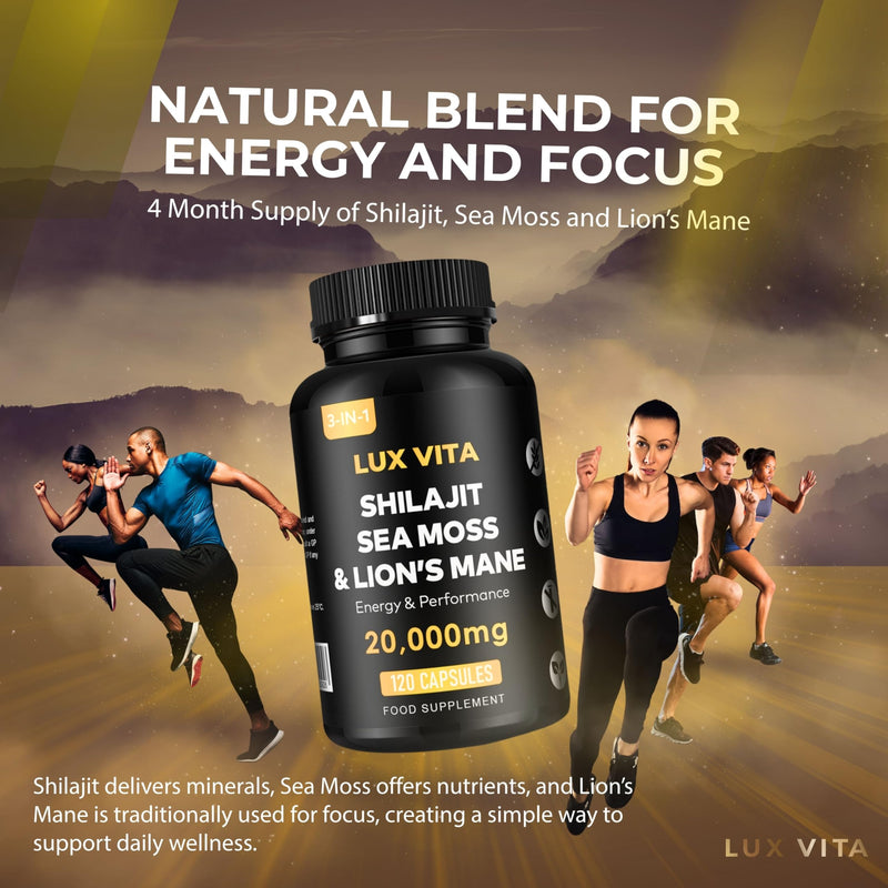 Shilajit with Sea Moss & Lion’s Mane Capsules – 3-in-1 | 4 Month Supply | Herbal Energy, Brain Focus, Daily Mineral & Vitality Supplement – Vegan High Strength Formula | Lux Vita