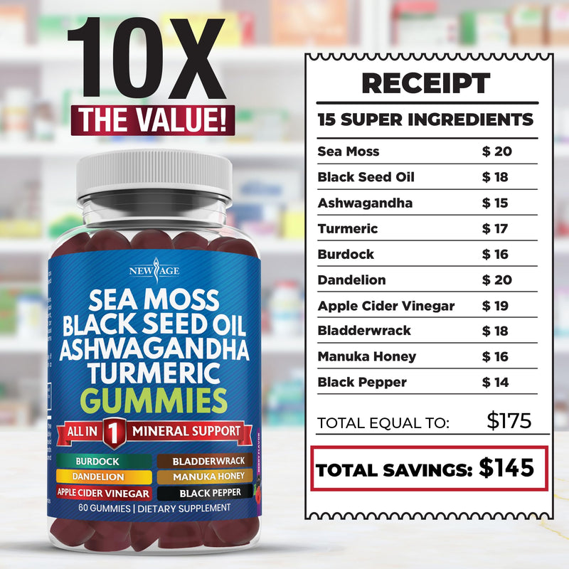 [Australia] - Sea Moss 3000mg with Colloidal Gold Black Seed Oil 2000mg Ashwagandha 1000mg Turmeric 1000mg Bladderwrack 1000mg Burdock 1000mg- with Manuka, Honey Dandelion with Trace Minerals - 120 Count 120 Gummies (Pack of 2) 
