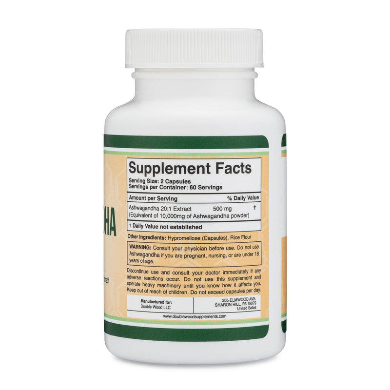 [Australia] - Ashwagandha Capsules, 120 Count (500mg Extract 20:1 Potency, Equivalent to 10,000mg Powder) Adaptogen Stress Relief by Double Wood 