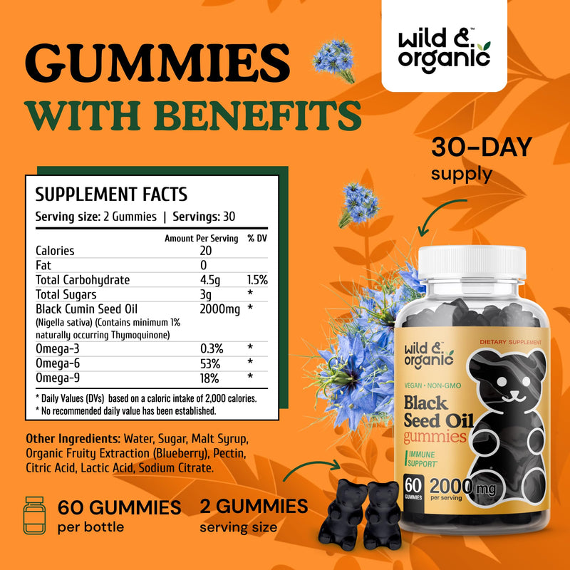 [Australia] - Wild & Organic Black Cumin Seed Oil Gummies 2000mg - Nigella Sativa Supplement with Omega 3, 6, 9 Fatty Acids - Vegan, Non-GMO - 60 Chews 