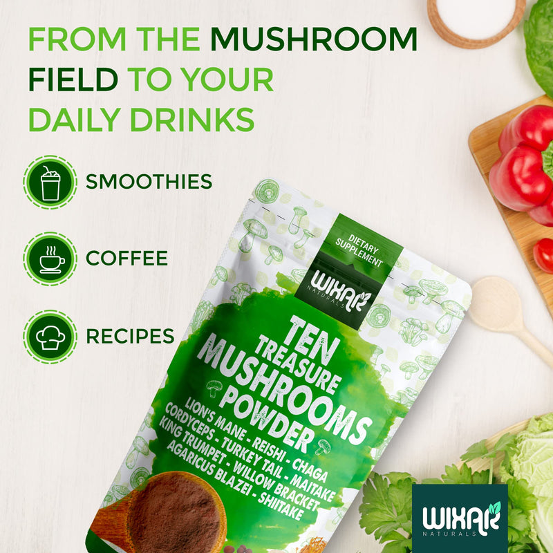 [Australia] - Wixar Mushroom Powder - Ten Treasure Mushrooms Extract Supplement Blend for Coffee & Smoothies - Lions Mane, Turkey Tail, Reishi, Chaga, Shiitake, Cordyceps, Complex - 4oz Mushroom Supplement 