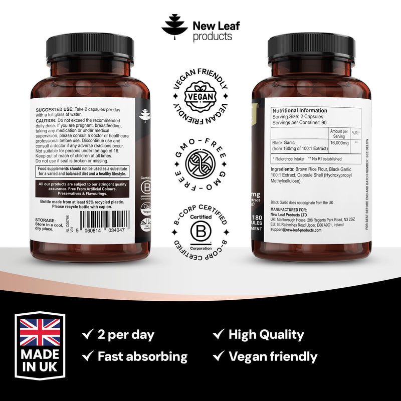 Aged Garlic Extract Capsules 16,000mg Equivalent (160mg 100:1 Extract) – Odourless Black Garlic Capsule with Naturally Occurring SAC & Polyphenols – 3 Month Supply