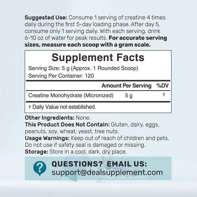 [Australia] - Creatine Monohydrate Powder 600 Grams (1.32lb), Unflavored | Pure | Micronized Creatine Powder, 5000mg(5g) Per Serving, 4 Month Supply, Vegan | Keto, Non-GMO, No Filler, No Additives - 120 Servings 120 Servings (Pack of 1) 