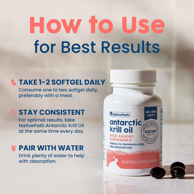 [Australia] - NativePath Antarctic Krill Oil - Wild-Caught Omega 3 Krill Oil 500mg Softgels with EPA, DHA and Astaxanthin - Supplement for Joint, Heart, Brain and Immunity - 60 ct - No Fishy Aftertaste 60 Count (Pack of 1) 