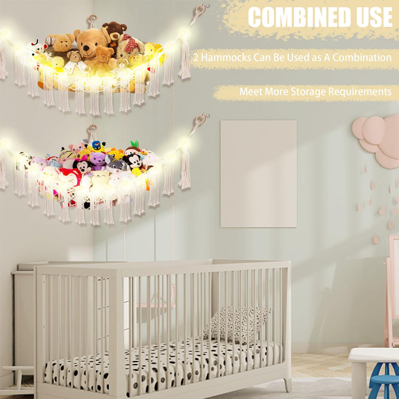 [Australia] - Stuffed Animal Hammock with LED Light, Toy Hammock for Stuffed Animals Storage for Kids Room Decor, Stuffed Animal Hammock Corner, White Large-(Package of 1) 