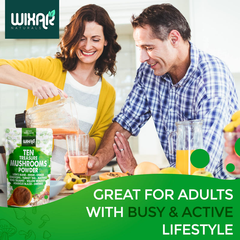 [Australia] - Wixar Mushroom Powder - Ten Treasure Mushrooms Extract Supplement Blend for Coffee & Smoothies - Lions Mane, Turkey Tail, Reishi, Chaga, Shiitake, Cordyceps, Complex - 4oz Mushroom Supplement 