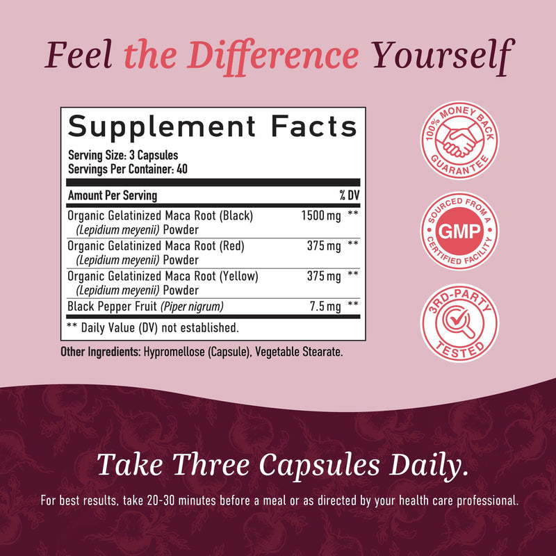 [Australia] - Organic Maca Root Capsules for Women | Peruvian Maca 2250MG Extra Strength | Red, Black & Yellow Root Powder with Black Pepper | Herbal Supplement to Support Energy & Hormone Balance | 120 Ct Maca Capsules 