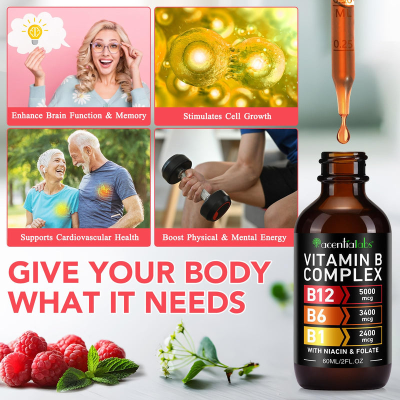 Vitamin B12 Liquid Drops with B6 – Sublingual Methylcobalamin B12 Supplement, High Strength B Complex, Energy Metabolism & Daily Wellness Support，Raspberry Flavor 60 ml (Pack of 1)