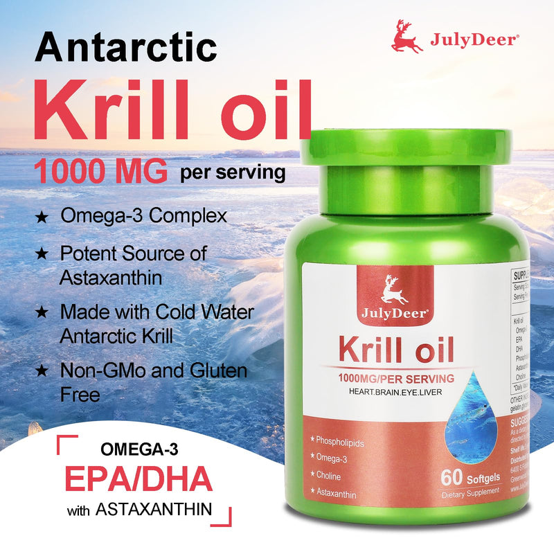 [Australia] - Antarctic Krill Oil 1000 mg with Omega-3s EPA, DHA, Astaxanthin and Phospholipids 60 Softgels Supplement No Fishy Aftertaste for Joint, Heart, Brain and Immunity 1 Bottle 60 Softgels 