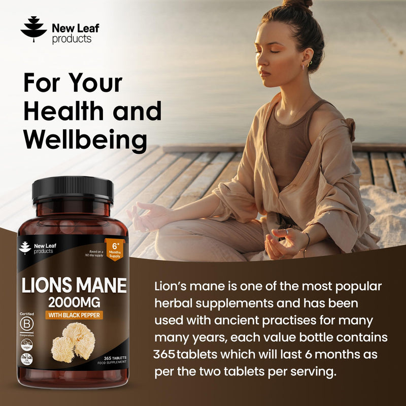Lions Mane Mushroom 2000mg - 365 High Strength Vegan Tablets - Lion's Mane Supplement with Black Pepper - Lion's Mane Mushrooms Extract (Not Powder or Capsules) Made in The UK by New Leaf Products 365 count (Pack of 1)