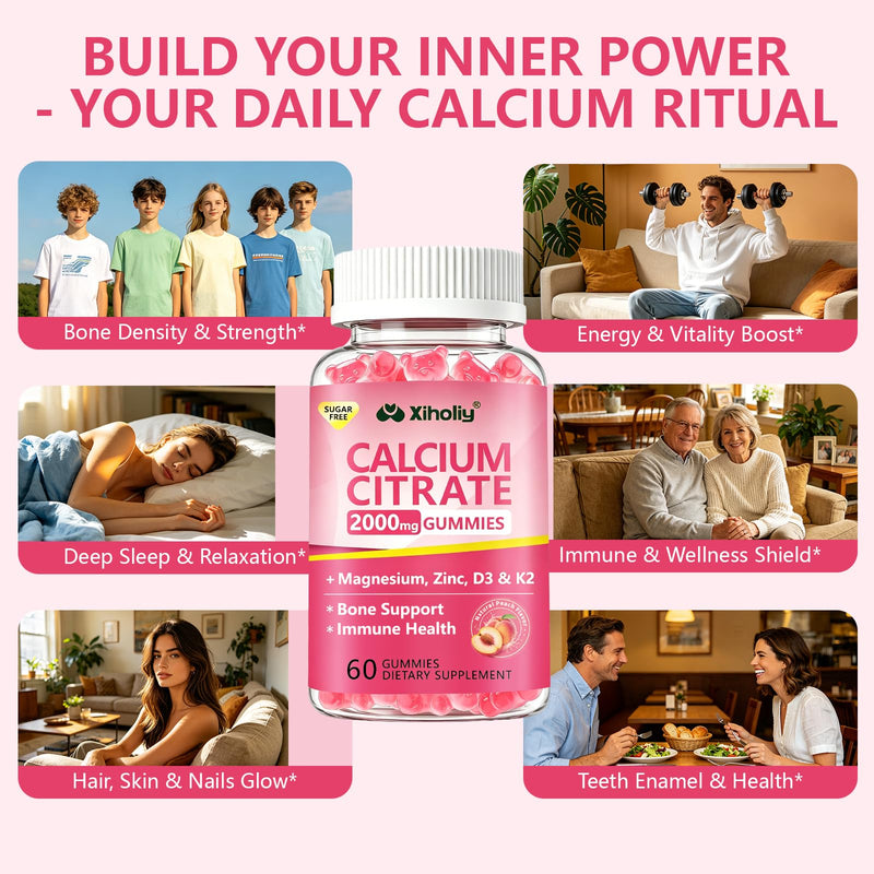 Calcium Citrate Gummies 2000 mg - Calcium Supplement for Women & Men,2 Pack | Plus Vitamin D3, K2, Magnesium, Zinc - High Absorption Supports Bone, Teeth & Immunity - Peach Flavor, Sugar-Free, Vegan 60 Count (Pack of 2)