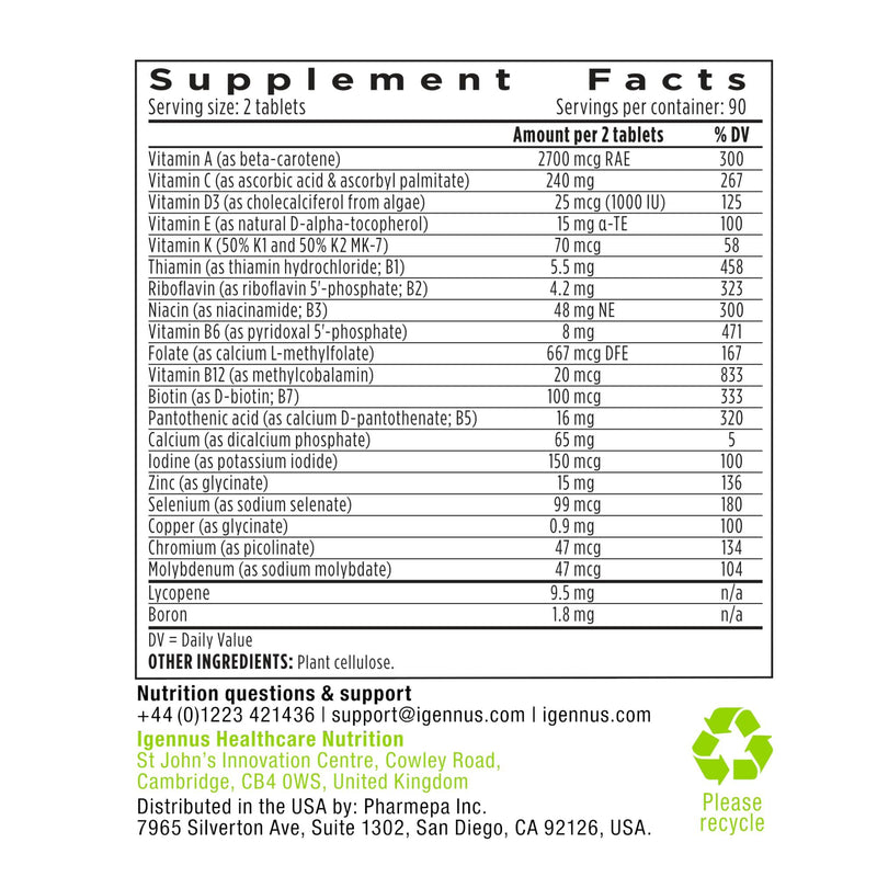 Igennus Methylated Multivitamin for Men with 22 Actives, 180 Tablets | Lycopene for Antioxidant Support, High Potency B12, Sustained Release, Pure & Clean, Non-GMO & Halal 180 Count (Pack of 1)