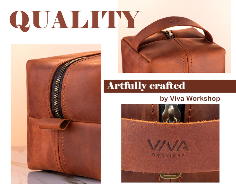 Leather Toiletry Bag for Men Handmade in USA – Full Grain Genuine Leather Dopp Kit with Waterproof Lining for Travel and Toiletries – Gifts for Men, Dad, Husband, Boyfriend, Friend