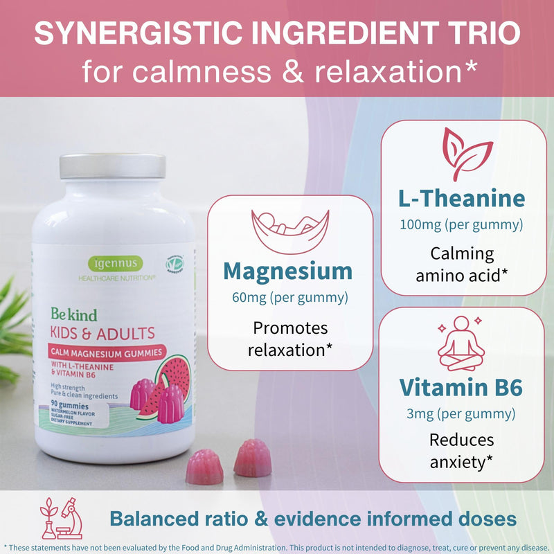 Igennus Calm Magnesium Gummies with L-Theanine & B6, 90 Watermelon Gummies | High-absorption reacted magnesium citrate for calm and nervous-system support; adults & kids, sugar-free, vegan