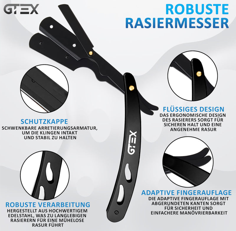 [Australia] - GTEX Razor with 100 Premium GTEX Razor Blades & Leather Case - 2 Men's Razors (Black and Silver) 100 Razor Blades - Straight Razor Razor Men's Ustura Beard Knife Silver and Black 