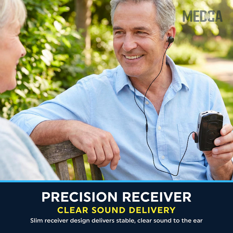 MEDca 2 Pin Hearing Aid Replacement Cord & Receiver Set - Compatible with Most Pocket Hearing Aids AVA-16 & AVA-68 Body Worn Hearing Amplifiers - 75cm Cable - Sound Amplifier Accessory & 6 Ear Domes