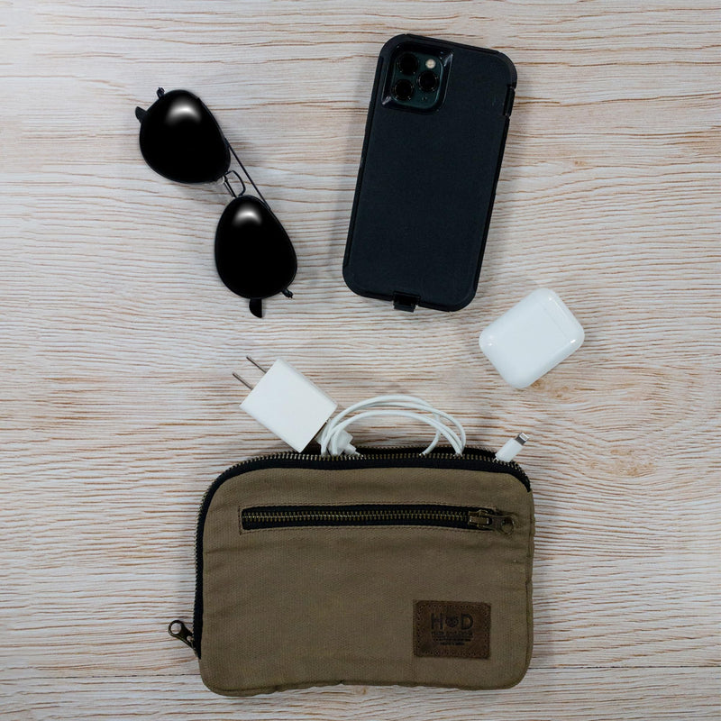 Hide & Drink, Zipper Gear Pouch, Camping Bag, Travel Accessory, Multi-Purpose Bag, Waxed Canvas and Full Grain Leather Fatigue