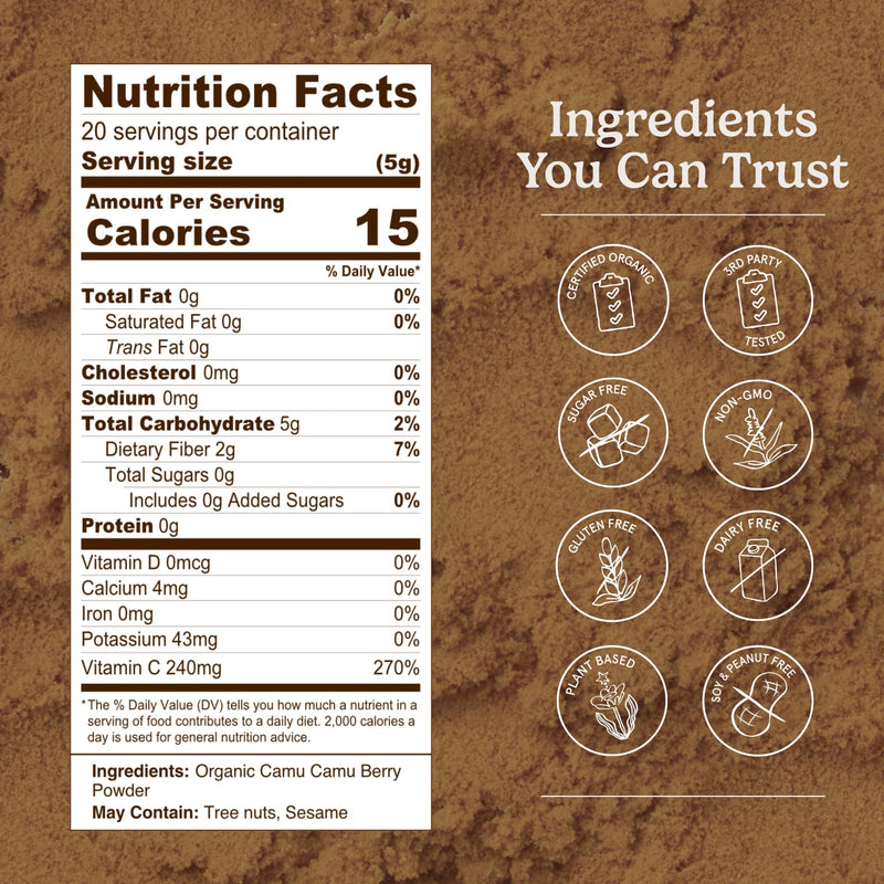 Organic Traditions Camu Camu Powder from Amazon Superfruit, Vitamin C 3.5oz | Rich in Wholefood Vitamin C, Bright Tangy Flavor, Plant Based Non GMO Ingredient, Great for Smoothies, Juices, and Recipes 100 Gram