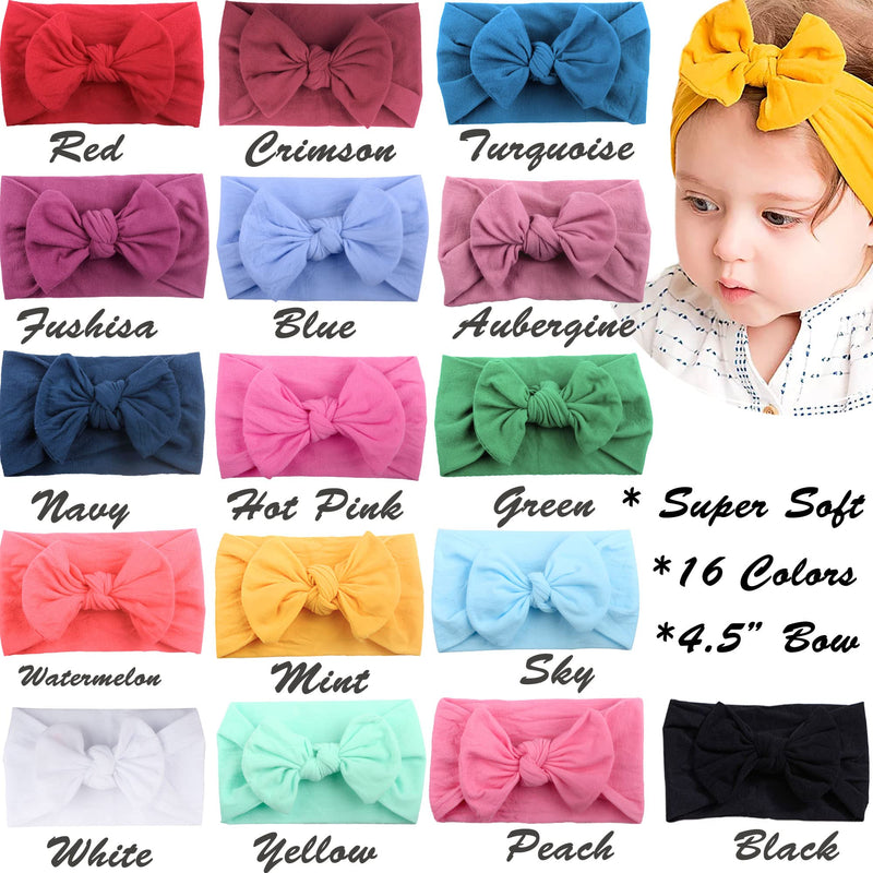 JOYOYO 16 Colors Soft Wide Turban Baby Headbands with 4.5 inches Hair Bow Headwraps for Baby Girls Infants Newborn Hair Accessories Toddlers Kids and Children Dark color