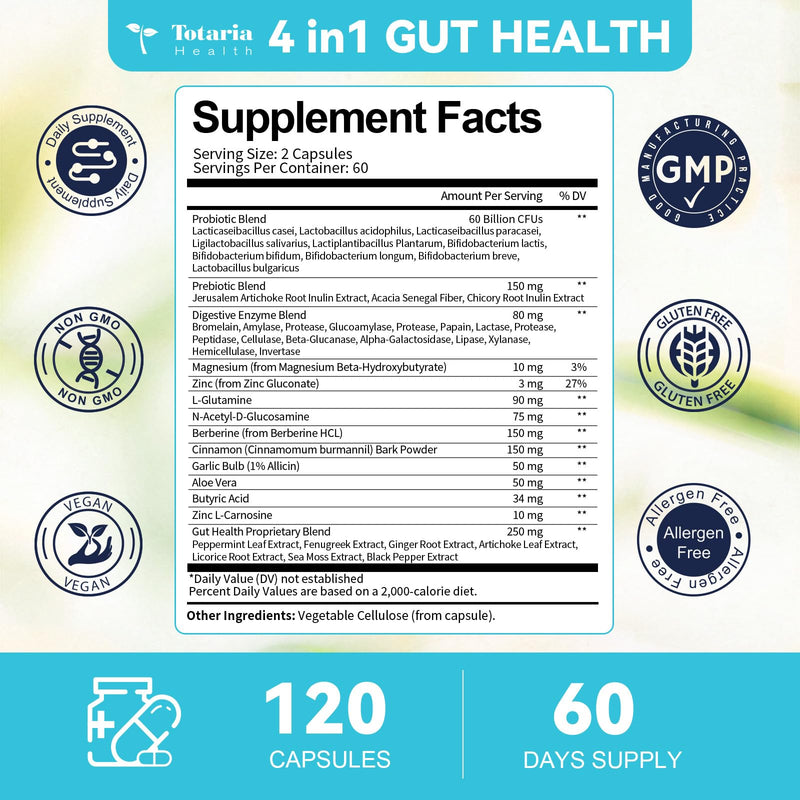 [Australia] - 4-in-1 Gut Health Supplement with Probiotics, Prebiotics, Postbiotics & Digestive Enzymes for Women & Men, 60 Billion CFU Probiotics for Gut and Digestion, Strong Immunity, Skin (120 Capsules) 120 Count (Pack of 1) 