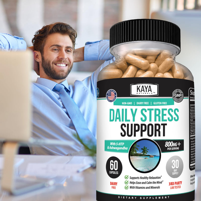 Kaya Naturals Daily Stress Support with Ashwagandha & GABA, 60 Capsules | Ashwagandha, GABA & L-Theanine, Rhodiola, Lemon Balm & Valerian, B Vitamins, Magnesium & Zinc, Daily Calm Support 1 Count (Pack of 60)