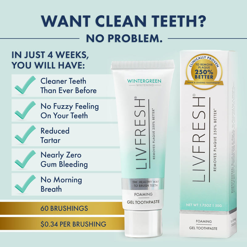 LIVFRESH Toothpaste Gel, Clinically Proven to Remove Plaque 250% Better, Improves Gum Health 190% Better, Prevents & Reduces Tartar, Freshens Breath, SLS Free Dental Gel, Wintergreen Wintergreen, Foaming, Whitening 1.75 Ounce (Pack of 1)