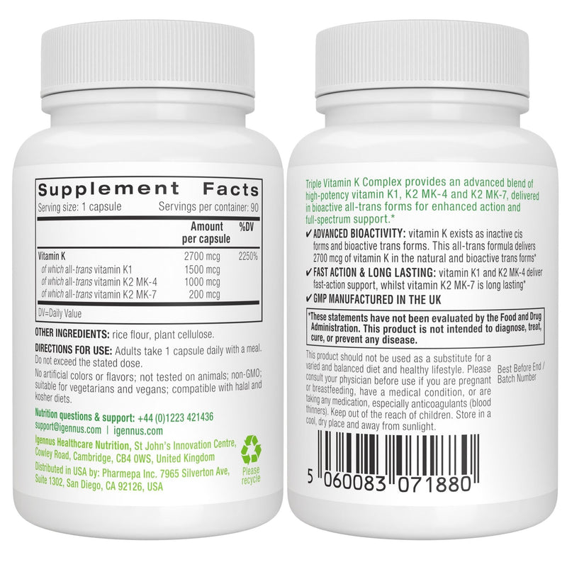 [Australia] - Igennus High Strength Triple Vitamin K Complex 2700 mcg, K1 & K2 (MK-4 & MK-7), Clean Label, Advanced Bioactive Forms, Bone & Cardiovascular Support, Vegan, 90 Fast Action Capsules 
