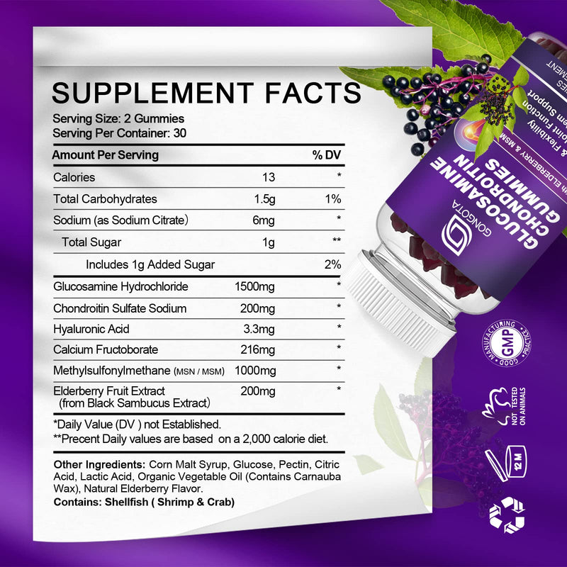 [Australia] - Glucosamine Chondroitin Gummies - 2- Pack, Extra Strength 1500mg Glucosamine with MSM & Elderberry, Joint Support Supplement, Best Cartilage & Immune Support Supplement for Men and Women - 120 count 60 Count(pack of 2) 