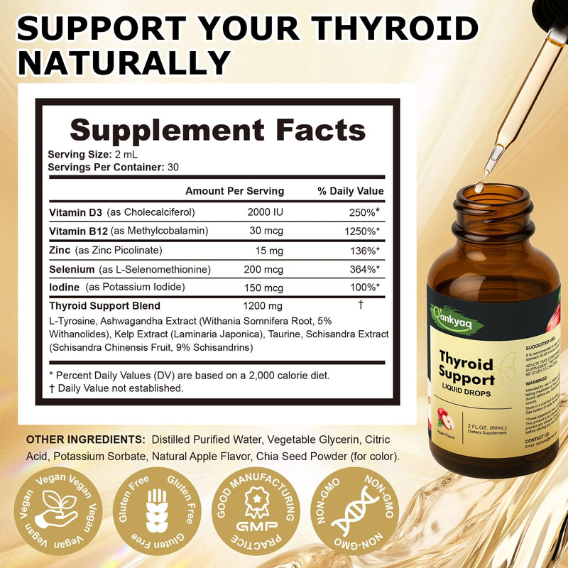 [Australia] - Q'ankyaq Thyroid Support Liquid Drops, Thyroid Support for Women & Men, with Iodine, Selenium, Zinc, L-Tyrosine & Ashwagandha, Hormone Balance, Metabolism, Immune & Energy Support, Vegan, 60ML 