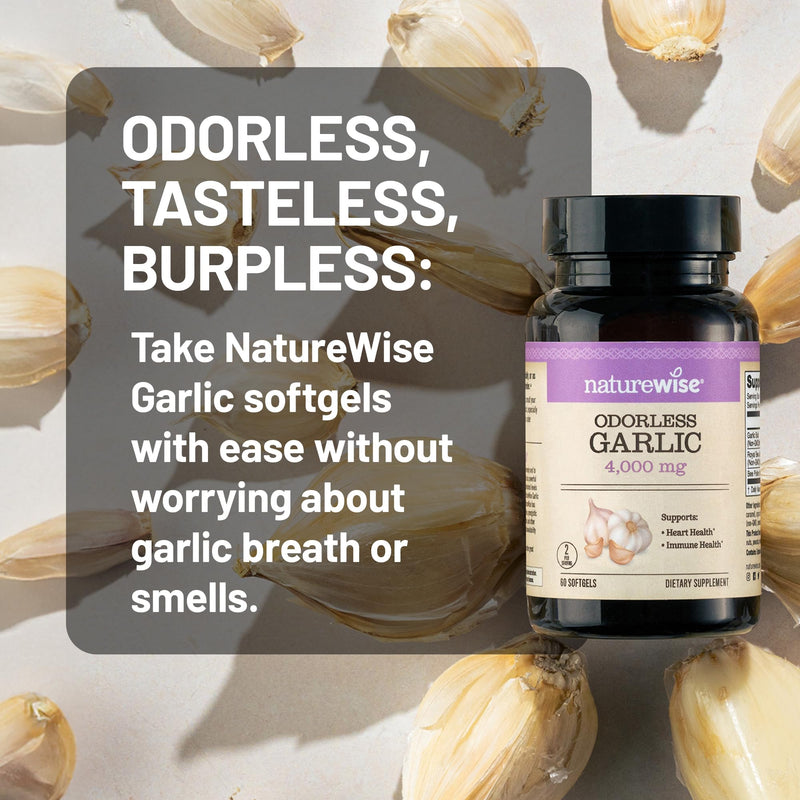 [Australia] - NatureWise Odorless Garlic Supplement 4000mg - Ultra Potent 100:1 Extract - Healthy Cholesterol Formula, Heart Health Support - Non-GMO, Gluten Free, with Halal Gelatin - 60 Count[30-Day Supply] 60 Count (Pack of 1) 
