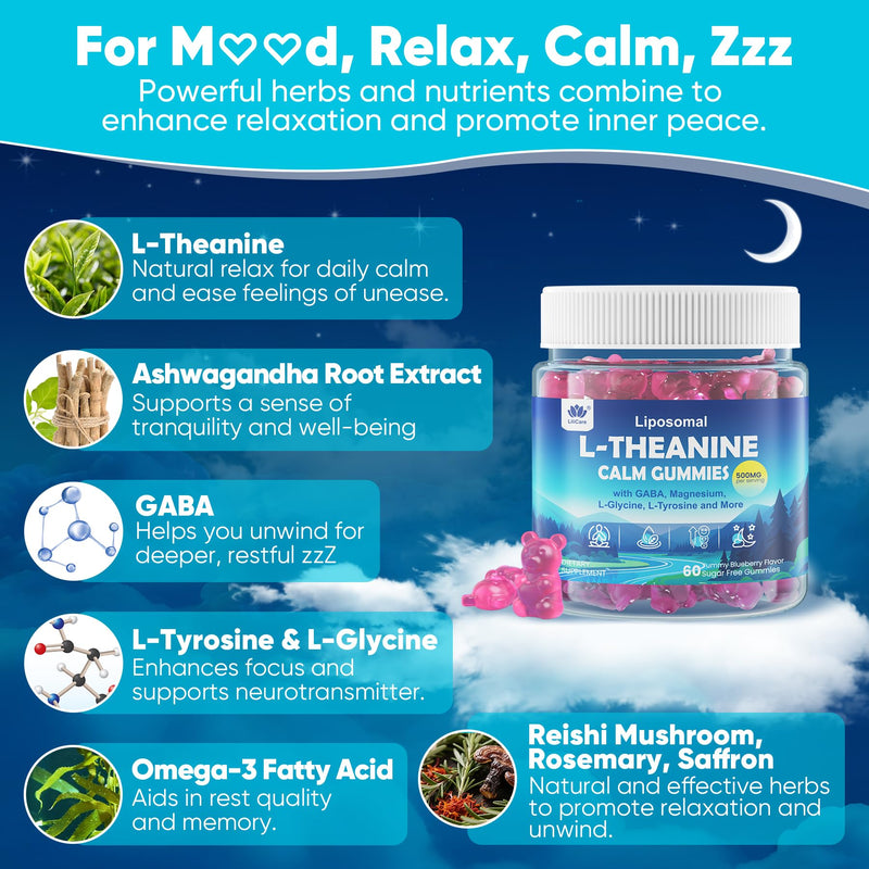 L Theanine Calm Gummies 500mg + Saffron + Magnesium Glycinate + GABA, 60Cts | Sugar-Free Liposomal L-Theanine Supplement, w/Ashwagandha, Algae Omega-3, Vitamin D3 B12, for Brain Calm, Relax, Mood, Zzz 60 Count (Pack of 1)