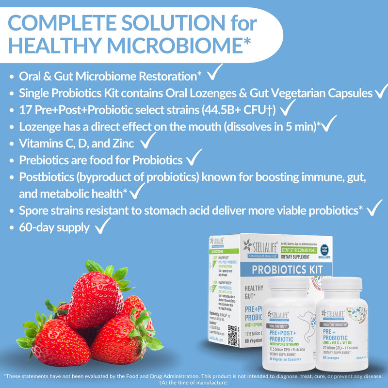 StellaLife Probiotics Oral & Gut Prebiotics Post Probiotics Kit: 44B+ CFU, 11 Oral & 6 Gut Spore strains for Digestive & Dental Health, Bad Breath Treatment, Tongue Hygiene, Strawberry Flavor, 60-Day Oral & Gut 60-day supply